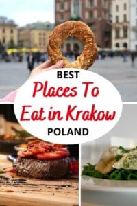 A collage showcases a hand holding a bagel in a city square, steak with tomatoes, and a salad, with text reading "Best Places to Eat in Krakow Poland"&mdash;perfect inspiration for where to eat at top Krakow restaurants.