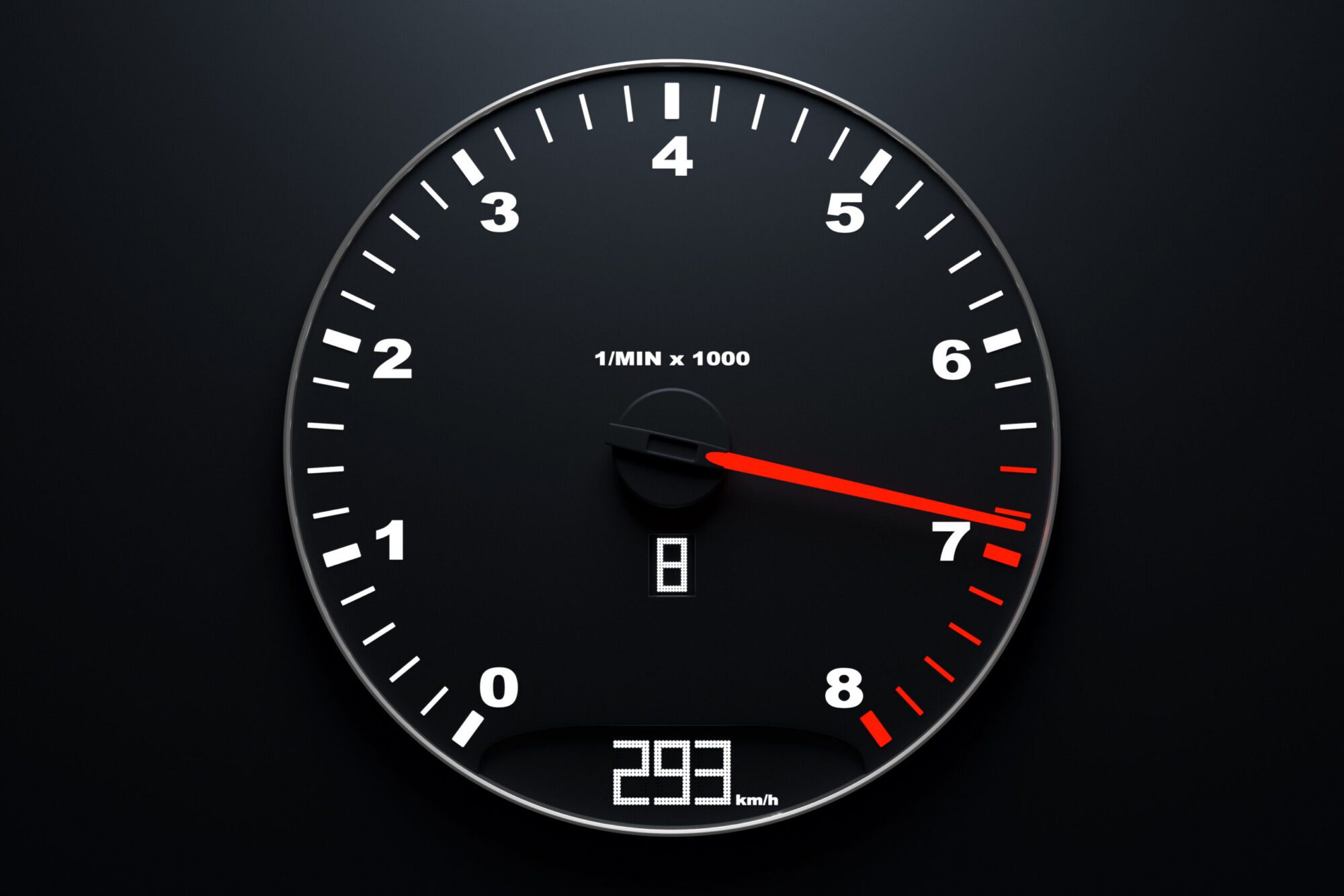 3D ilustration close up car  tachometer  with white lights round inside on black background  . Car interior. sign and symbol on car dashboard