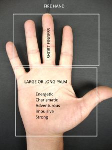 fire shaped hand in palmistry, long palm, short fingers, handanalysis from hand shape, copyright destiny palmistry