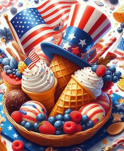 Red, White, And Blueberry Homemade Ice Cream An Independence Day Special image 3 ice cream cones decorated in the colours of red white and blue with American flag hats and decorations frosted fusions
