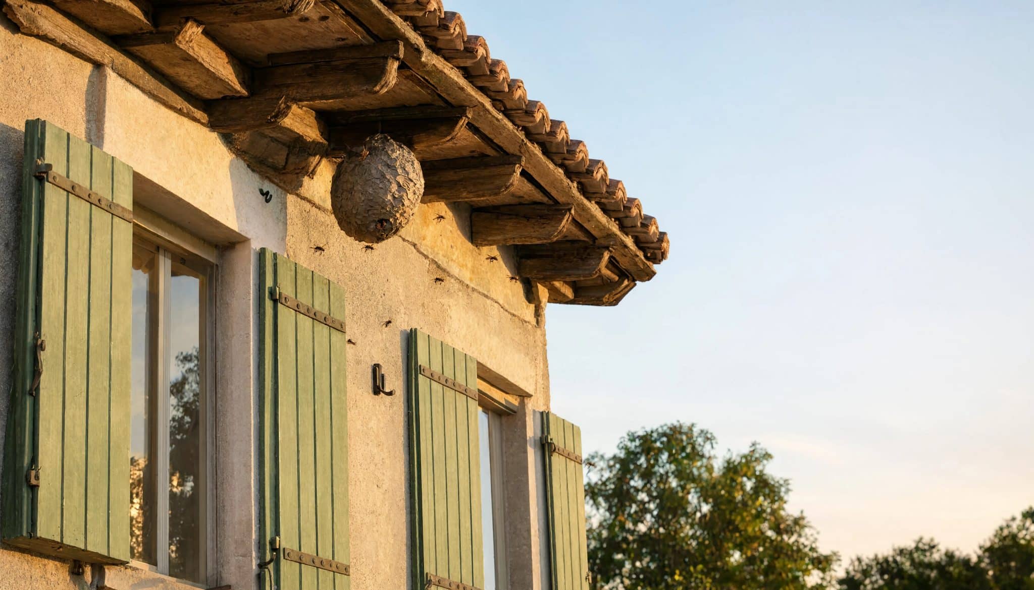 maison avec un nid de frelons scaled - Destruction d&rsquo;un nid de frelons : que prend en charge votre assurance habitation ?