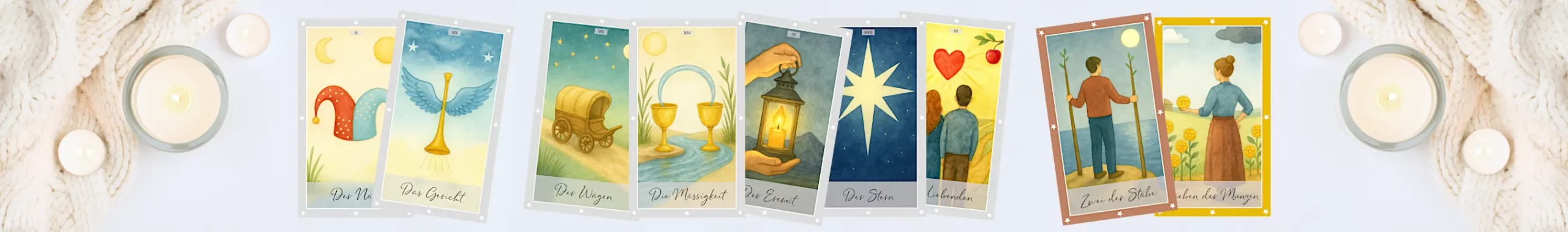 Tarot-Impulse: ansprechend gestaltetes Kartendeck in ruhiger Umgebung mit Kerzenlicht.