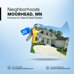 Graphic featuring a folder with a photo of a luxury home and a set of keys, with the text “Neighborhoods Moorhead, MN – Homes for Sale & Real Estate.” Contact info and Modern Market REALTORS® branding included.