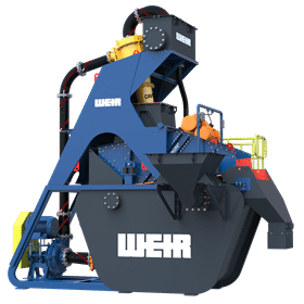 The plant features Warman WGR pumps, Cavex hydrocyclones, Enduron dewatering screens, Linatex hoses and Isogate knife gate valves.