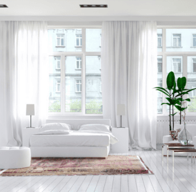 Bright and modern bedroom with large windows, white curtains, minimalist furniture, and a cozy rug. A potted plant adds a touch of greenery to the space.