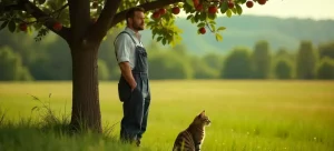 Ein Obstbauer in Latzhose steht unter einem Apfelbaum, während die Katze Karla neben ihm sitzt. Symbolisch für Stressmanagement durch das Finden von Ruhe und Klarheit.