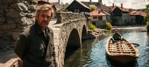 Ein Mann steht nachdenklich auf einer Steinbrücke, während im Hintergrund ein anderer mit einem Floß über den Fluss fährt.