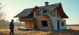 Harry steht nachdenklich vor seinem alten, schiefen Holzhaus. Eine Metapher für festgefahrene Glaubenssätze, die auf wackligem Fundament ruhen.