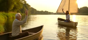 Ein älterer Mann sitzt in einem Ruderboot nahe am Ufer, während eine jüngere Frau in einem Segelboot mitten auf dem Fluss steuert. Beide winken sich freundlich zu, die Abendsonne spiegelt sich golden im Wasser.