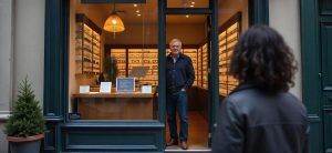 Frau mit braunen Locken steht von hinten vor einem alten Brillengeschäft und schaut ins Schaufenster, symbolisiert den Einfluss selektiver Wahrnehmung auf unser Denken und die Frage: Was ist Realität eigentlich?