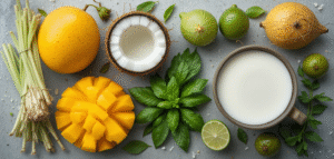 Celebrate Songkran With A Thai-Inspired Coconut & Mango Ice Cream image 4 top view of Thai ingredients coconut mango limes thai basil Frosted Fusions