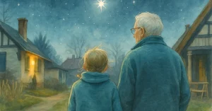 Der gefallene Weihnachtsstern: eine inspirierende Weihnachtsgeschichte über Hoffnung Ein alter Uhrmacher und ein kleines Mädchen stehen unter einem klaren Sternenhimmel, während der Weihnachtsstern in der Weihnachtsgeschichte als Symbol der Hoffnung erstrahlt.