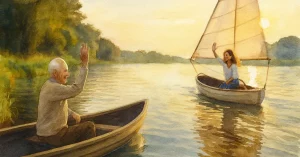 Ein älterer Mann sitzt in einem Ruderboot nahe am Ufer, während eine jüngere Frau in einem Segelboot mitten auf dem Fluss steuert. Beide winken sich freundlich zu, die Abendsonne spiegelt sich golden im Wasser.
