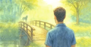 Angst ist nicht real: Geschichte vom Brückenhund Aquarellbild eines Mannes, der am Anfang einer alten Holzbrücke steht und in Richtung eines schemenhaften Hundeschattens am anderen Ende blickt – Symbolbild für nicht reale Angst.