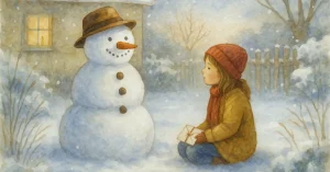 Aquarellillustration eines Mädchens, das seinem Schneemann einen kleinen Brief schenkt. Ein Symbol dafür, wie wir Abschiede annehmen und erkennen, dass manche Verbindungen bleiben, selbst wenn ihre Form vergeht.