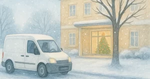 Aquarellszene eines weißen Lieferwagens, der im Schneefall vor einem hell erleuchteten Seniorenstift hält. Durch das große Fenster ist ein Wunschbaum mit warmen Lichtern erkennbar. Im Wagen sitzen die Zustellerin und ihre Tochter. Ein leiser Moment, der andeutet, dass dieser kurze Halt mehr in Bewegung setzt als nur eine Lieferung.