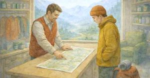 Aquarellillustration eines kleinen Ausr&uuml;stungsladens am Fu&szlig;e der Berge: Ein Verk&auml;ufer zeigt einem Reisenden eine Karte auf dem Tresen, w&auml;hrend durch das Fenster das Gebirge sichtbar ist. Sinnbild f&uuml;r unterschiedliche innere Ausrichtungen und daf&uuml;r, wie wir Trigger als Hinweise verstehen.