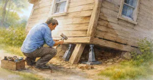 Harrys Haus als Sinnbild für alte Strukturen, die nach Veränderung rufen. Aquarellbild eines schief stehenden Holzhauses in einer hellen, natürlichen Umgebung, während ein Mann am Fundament arbeitet. Ein Symbol dafür, wie negative Glaubenssätze unser inneres Fundament prägen und verändert werden können.