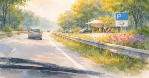 Frau auf der Autobahn auf dem Weg zu einem Vortrag, während ein Rastplatz vorbeizieht. Sinnbild für seelische Erschöpfung durch fehlende Pausen und das ständige Weitergehen ohne inneres Innehalten.