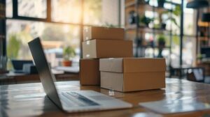 Petite pile de cartons entassés près d'un ordinateur portable