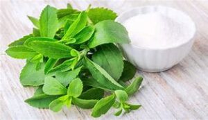 Diabetes-and-Ice-Cream-Making-Healthier-Choices-update-jan25-image-1-stevia-plant-with-white-dish-of-stevia-sweetener-frosted-fusions