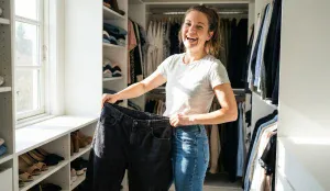 woman closet holding old pants lipo success