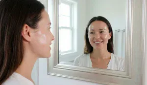 woman glass skin natural glow mirror reflection