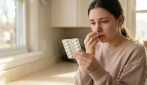 woman after rhinoplasty with allergy symptoms holding antihistamine pill box