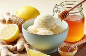 A-Not-So-Hot-Toddy-Homemade-Honey-Lemon-Ginger-Ice-Cream-image-3-bowl-of-honey-lemon-and-ginger-ice-cream-with-fresh-lemons-and-ginger-and-a-jar-of-honey-Frosted-Fusions