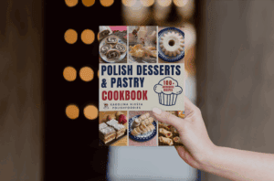 A hand holds a cookbook titled "Polish Desserts & Pastry Cookbook" featuring photos of Polish cakes and a label noting 100+ recipes.