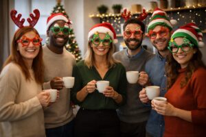 Office team enjoying coffee together during the Christmas season