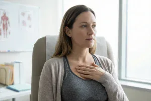 woman experiencing phantom breast pain sensation