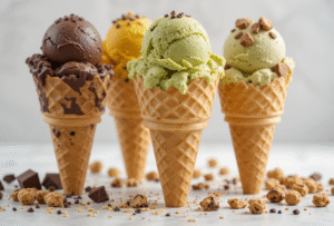 May The Fourth Be With Your Ice Cream Scoops – Join The Frozen Side image 8four ice cream waffle cones filled with different coliured ice creams and scattered ingredients Frosted Fusions