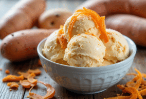 An Earth Day Inspired Zero-Waste Homemade Ice Cream Using Potatoes image 8 sweet potato ice cream garnished with candied peelings Frosted Fusions