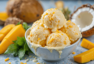 Celebrate Songkran With A Thai-Inspired Coconut & Mango Ice Cream image 3 bowl of mango and coconut ice cream with fresh mango and coconut Frosted Fusions