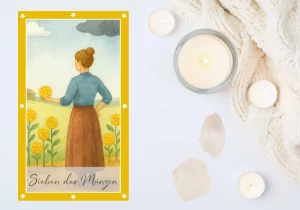 Tarotkarte: Sieben der Münzen Eine Tarotkarte im Aquarellstil zeigt eine Frau mit Dutt und langem Rock, die nachdenklich auf sieben goldene Münzen mit Pentagrammen blickt, die an Pflanzen in einem Feld wachsen. Über ihr schweben eine helle und eine dunkle Wolke, der Himmel ist freundlich und hellblau.