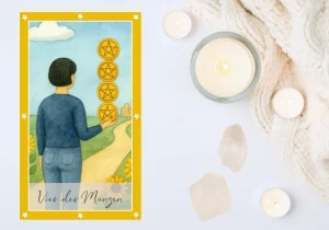 Tarotkarte: Vier der Münzen Eine Tarotkarte im Aquarellstil zeigt eine Frau mit kurzen schwarzen Haaren, die auf einem Weg steht und vier goldene Münzen mit Pentagrammen auf ihrer Hand balanciert. Im Hintergrund ist eine Stadt zu sehen, rechts und links am Weg blühen Sonnenblumen unter einem klaren blauen Himmel.