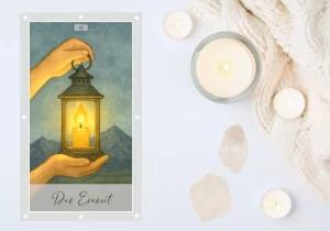 Tarotkarte: Der Eremit Eine Aquarellillustration der Tarotkarte „Der Eremit“ zum Thema Problemlösung, Rückzug, Innenschau und Abgeschiedenheit. Zwei Hände halten in der Mitte des Bildes eine leuchtende Laterne mit einer brennenden Kerze darin. Das warme Licht der Flamme erhellt die Hände und einen Teil des Hintergrunds. Hinter der Laterne ist ein stilles Gebirge unter einem sanft graublauen Himmel zu sehen. Die Szene wirkt ruhig, introspektiv und symbolisiert innere Führung und Besinnung.
