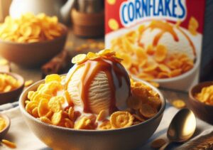 a-homemade-crunchy-cornflake-ice-cream-recipe-update 200325 image-1 bowl of cornflake ice cream with box of cornflakes in the background and cornflakes scattered frosted-fusions