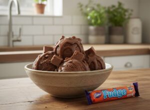 Classic-Fudge-Meets-Chocolate-Fudge-Ice-Cream-–-Trendy-Nostalgia-image-9-a-bowl-of-chocolate-fudge-ice-cream-with-pieces-of-fudge-and-a-cadburys-fudge-to-the-side-Frosted-Fusions
