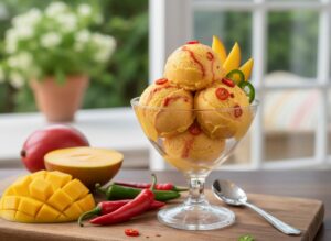 Homemade-Mango-Chilli-Sorbet-Naturally-Vegan-Dairy-Free-image 7 glass dessert dish of mango and chilli sorbet with fresh mango and chillis to the side Frosted-Fusions