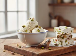 Homemade Nougat Ice Cream A Classic British Treat Reimagined image 9 bowl of nougat ice cream with pieces of nougat scattered throughout and nougat bars stacked to the side Frosted Fusions