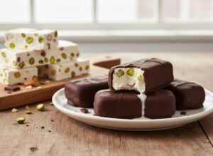 Homemade Nougat Ice Cream A Classic British Treat image 9 chocolate coated nougat ice cream bars with nougat bars stacked Frosted Fusions