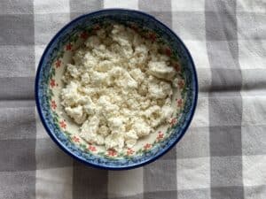 A bowl of homemade cottage cheese from raw milk placed on a gray and white checkered tablecloth.