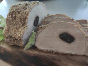 Pork loin stuffed with prunes.