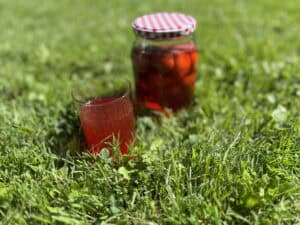A glass of red liquid and a jar with a red and white checkered lid sit on green grass in sunlight, capturing the essence of a traditional Polish kompot recipe.