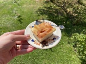 Keywords: Polish, Gluten Free

Modified Description: A gluten free person holding a piece of Polish cake on a plate.
