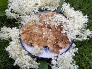 A plate of fritters garnished with small white flowers is placed on a backdrop of green grass, surrounded by clusters of white elderflower blossoms.