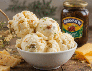 Homemade-Cheese-and-Pickle-Ice-Cream-A-Uniquely-Unconventional-Fusion-image-6-bowl-of-cheese-and-pickle-ice-cream-with-jar-of-branston-pickle-and-sliced-cheese-frosted-fusions