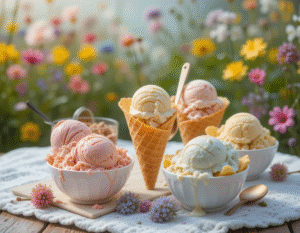 Bee Happy – A Celebration Of Bees, Honey & Ice Cream Image 4 bowls of honeyt ice cream with wildflowers and bees in background Frosted Fusions
